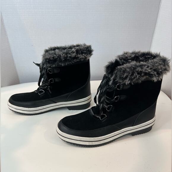 NEW Amazon Essentials Mid Calf Snow Winter Black White Faux Fur Trim Boots 11 - Picture 1 of 9